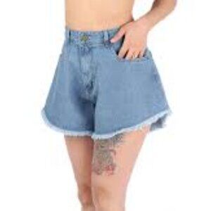 Sawary Wide Frayed Hem Ruffled High Rise Denim Shorts Size 36 (Small)